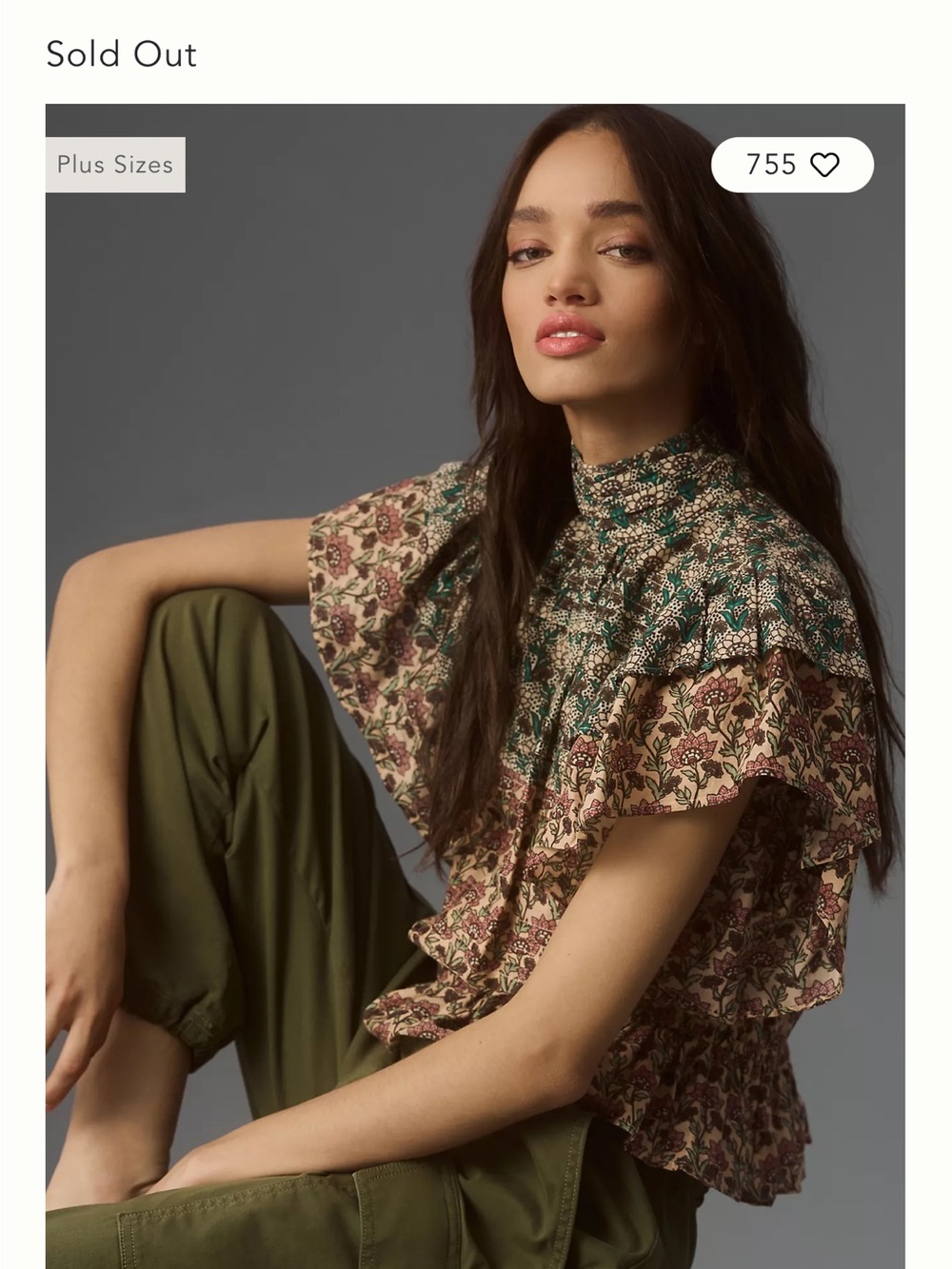 Anthropologie Floral Ruffle High-Neck Blouse in Green and Brown